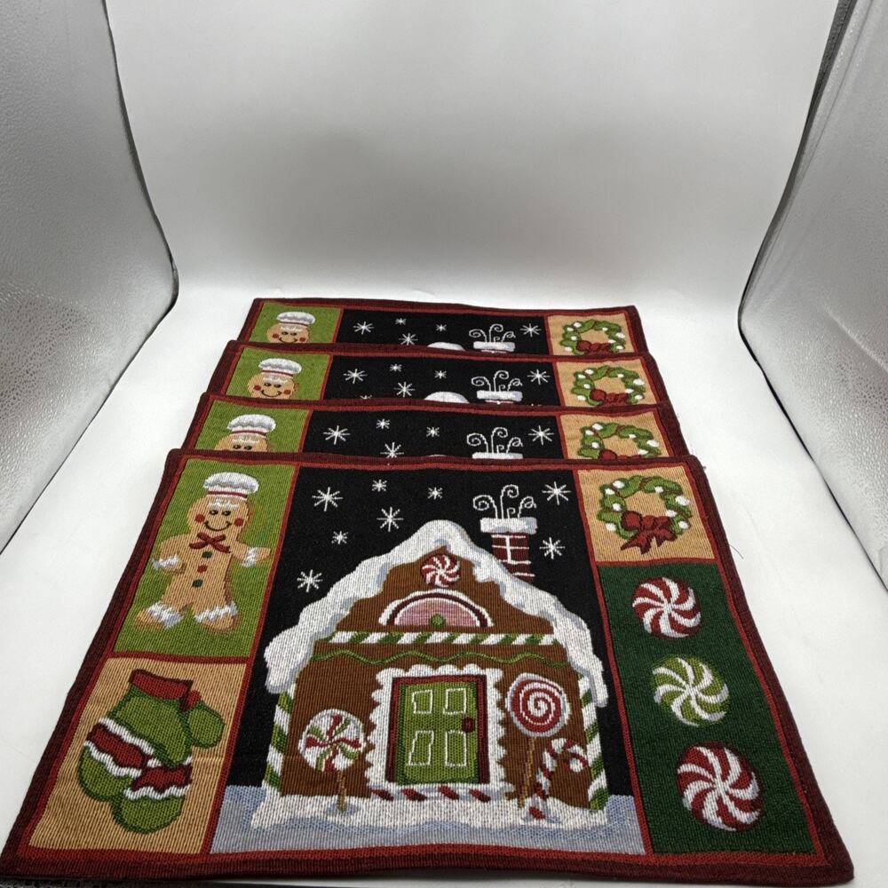 4 Bess Tapestry Placemats Peppermint Gingerbread Holiday - 13”x19”